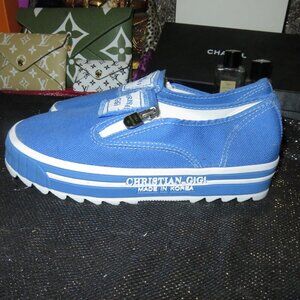 BOGO Christian Gigi Korean Loafer Wedges Boho Blue  Canvas Slip On's 260 or US 9